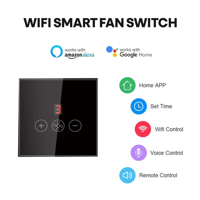 Glomarket Tuya Akıllı Wifi Tavan Fan Değiştiricisi Eu Standart Cam Dokunmatik Duvar Uygulaması Uzaktan Kontrol Elektrikli Fan Hız Değiştiricisi
